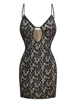 New Retro Stage 1960s Hollow Floral Lace Bodycon Dress Black