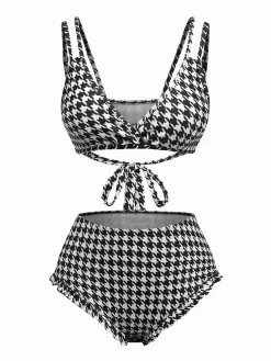 Hot Retro Stage 1930s Houndstooth Lace-Up Bikini Set Black