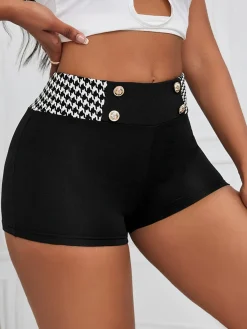 Outlet Retro Stage 1970s Houndstooth Patchwork Tight Shorts Black