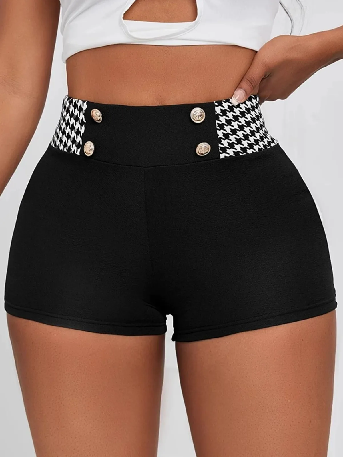 Outlet Retro Stage 1970s Houndstooth Patchwork Tight Shorts Black