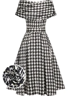 Sale Retro Stage Black 1950s Houndstooth Short Sleeve Belted Dress Black&Beige