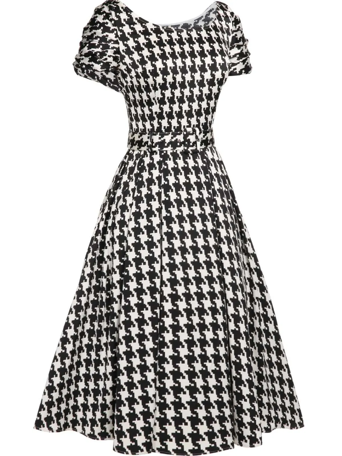 Sale Retro Stage Black 1950s Houndstooth Short Sleeve Belted Dress Black&Beige