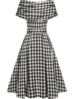 Sale Retro Stage Black 1950s Houndstooth Short Sleeve Belted Dress Black&Beige