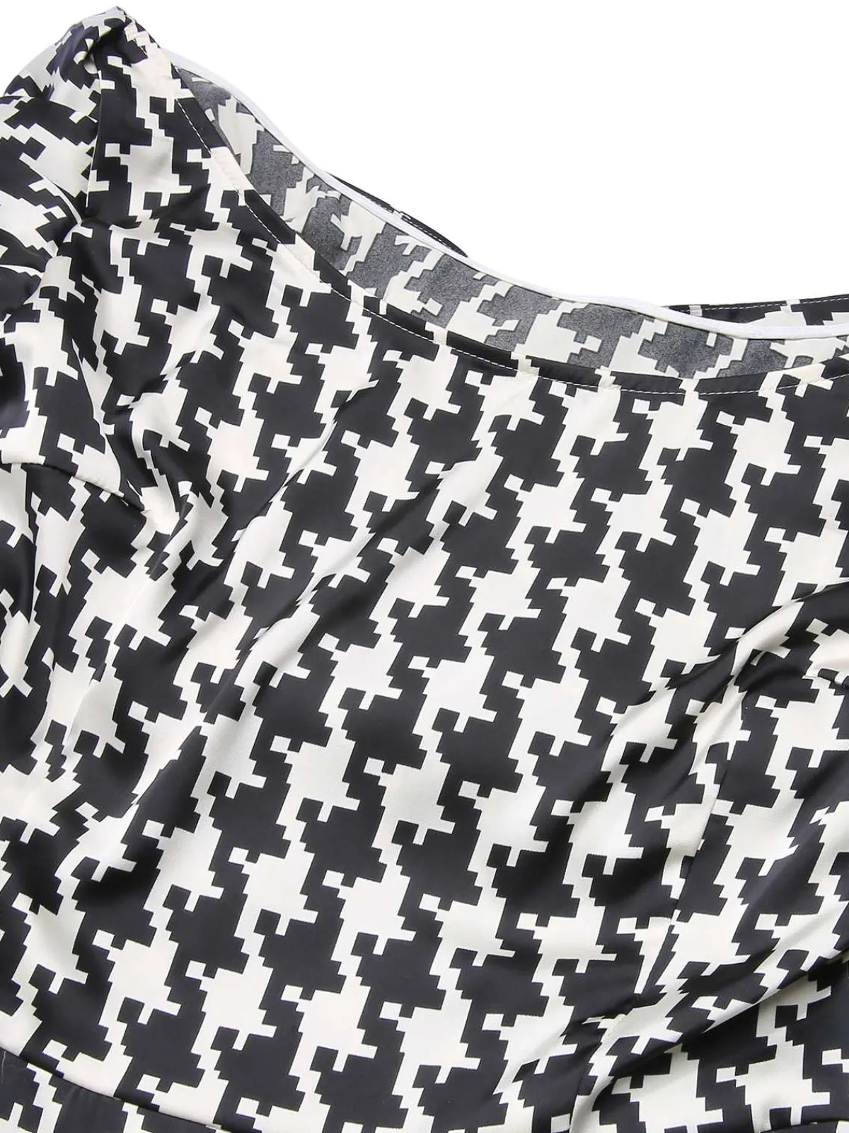 Sale Retro Stage Black 1950s Houndstooth Short Sleeve Belted Dress Black&Beige