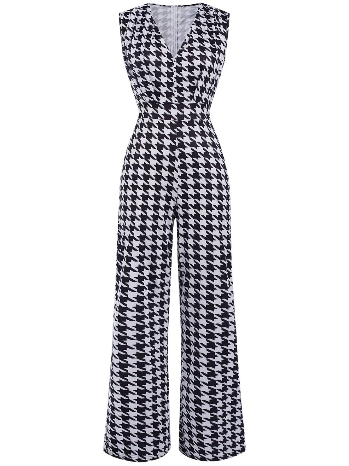 Discount Retro Stage 1930s Houndstooth V-Neck Sleeveless Jumpsuit Black