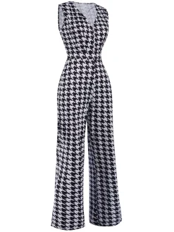 Discount Retro Stage 1930s Houndstooth V-Neck Sleeveless Jumpsuit Black