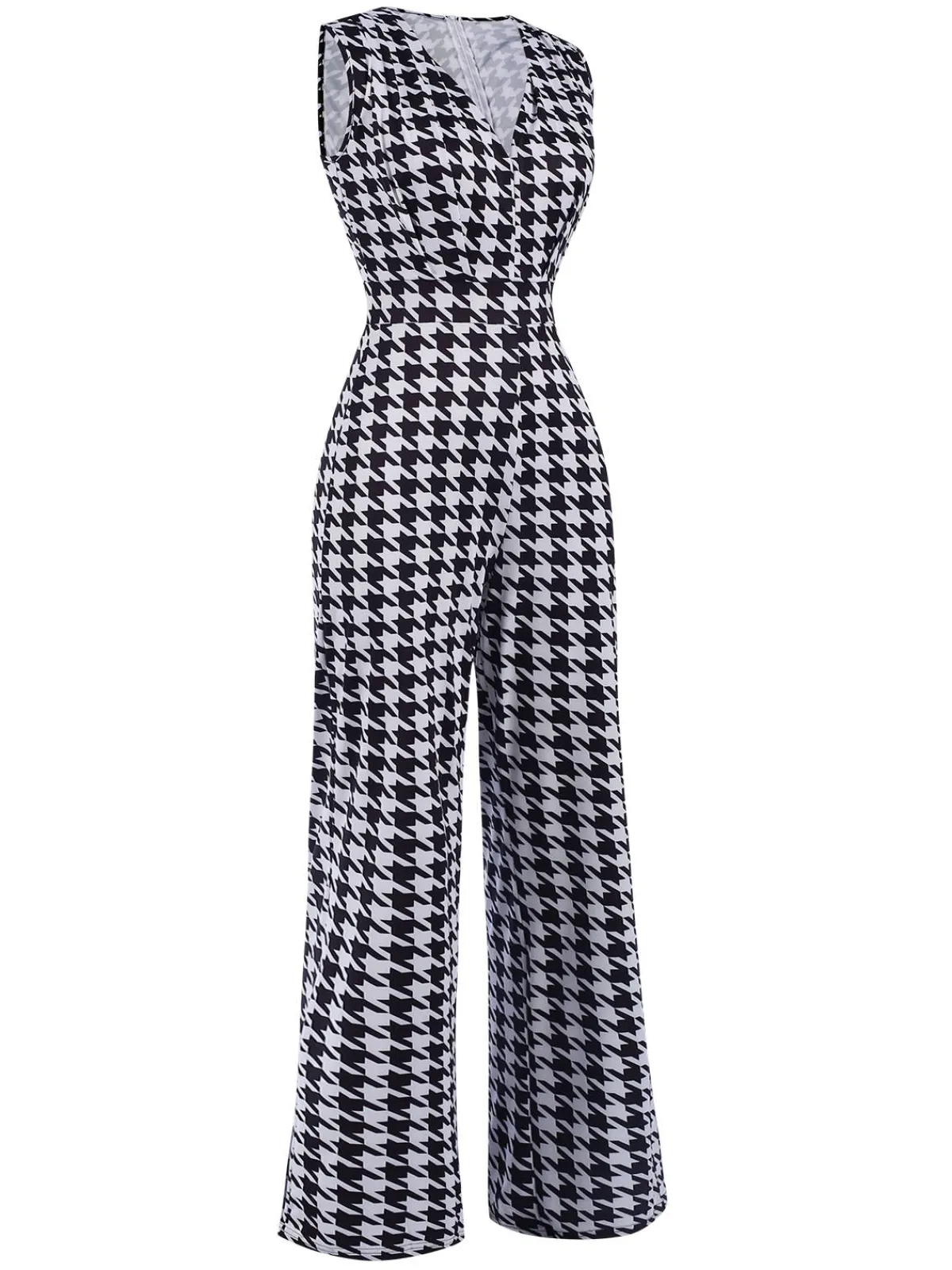 Discount Retro Stage 1930s Houndstooth V-Neck Sleeveless Jumpsuit Black