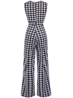 Discount Retro Stage 1930s Houndstooth V-Neck Sleeveless Jumpsuit Black