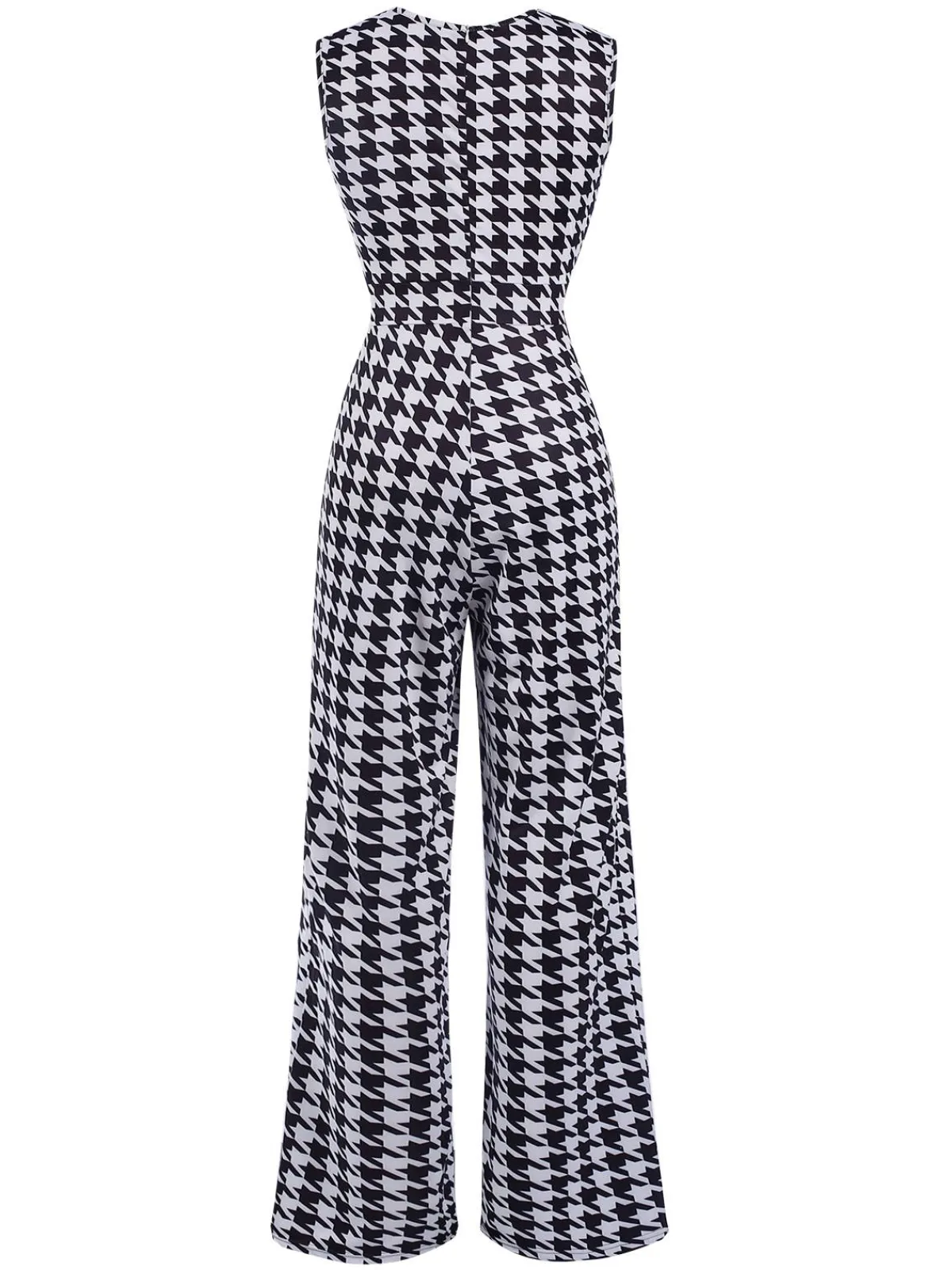 Discount Retro Stage 1930s Houndstooth V-Neck Sleeveless Jumpsuit Black