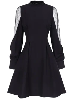 Discount Retro Stage 1950s Illusion Patchwork Sleeves Dress Black