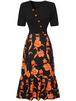 Hot Retro Stage 1930s Irregular Neckline Floral Patchwork Dress Black