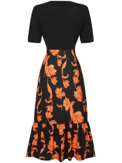 Hot Retro Stage 1930s Irregular Neckline Floral Patchwork Dress Black