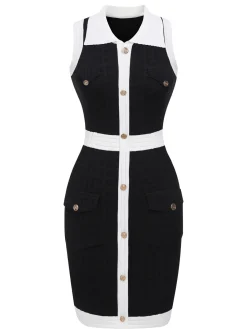 Hot Retro Stage Black 1960s Knitted Lapel Patchwork Dress