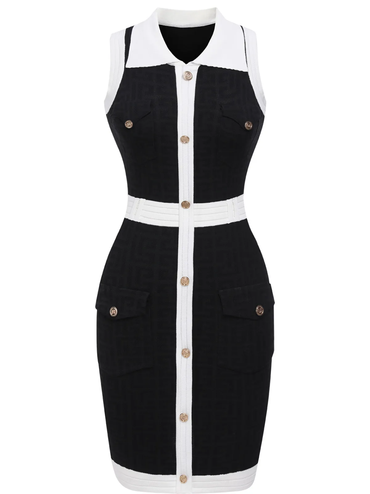Hot Retro Stage Black 1960s Knitted Lapel Patchwork Dress