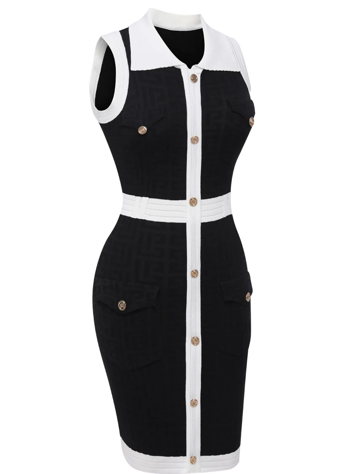 Hot Retro Stage Black 1960s Knitted Lapel Patchwork Dress