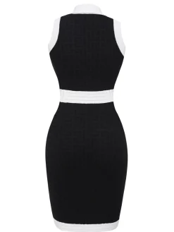 Hot Retro Stage Black 1960s Knitted Lapel Patchwork Dress