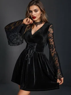 Online Retro Stage 1970s Lace Bat Sleeves Velvet Dress Black