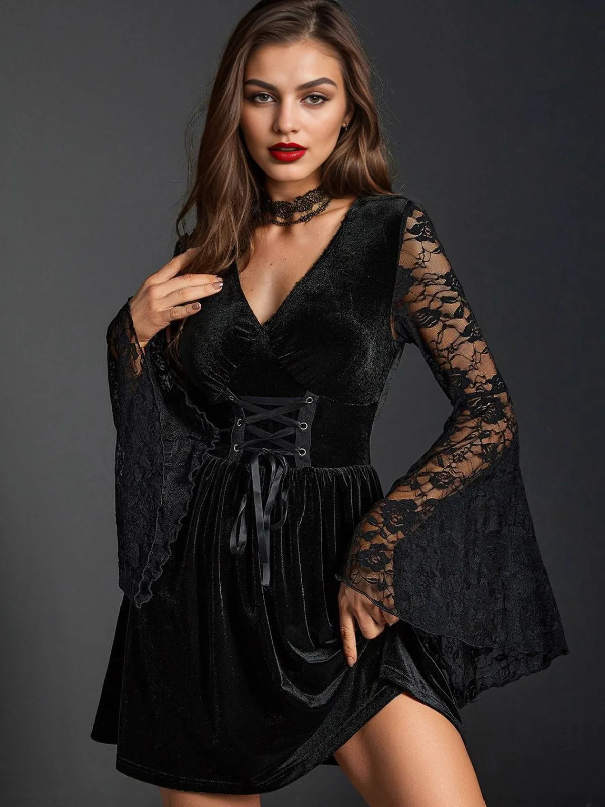 Online Retro Stage 1970s Lace Bat Sleeves Velvet Dress Black