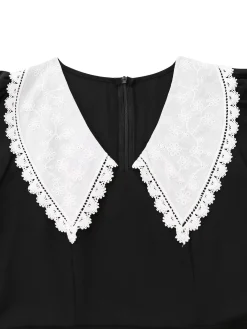 Hot Retro Stage 1960s Lace Collar Puff Sleeve Dress Black