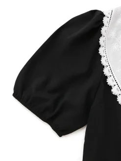 Hot Retro Stage 1960s Lace Collar Puff Sleeve Dress Black