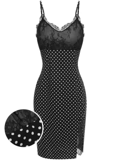 New Retro Stage 1960s Lace Dots Patchwork Straps Nightdress Black