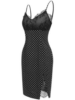 New Retro Stage 1960s Lace Dots Patchwork Straps Nightdress Black