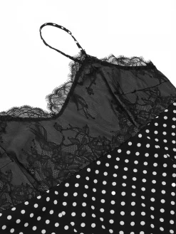 New Retro Stage 1960s Lace Dots Patchwork Straps Nightdress Black