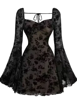 Fashion Retro Stage 1950s Lace Floral Bishop Sleeves Dress Black