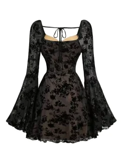 Fashion Retro Stage 1950s Lace Floral Bishop Sleeves Dress Black