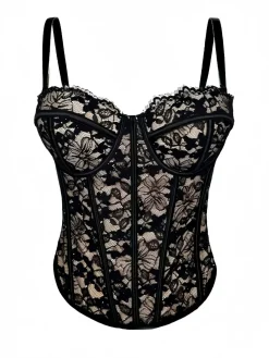 New Retro Stage 1970s Lace Floral Herringbone Corset Black