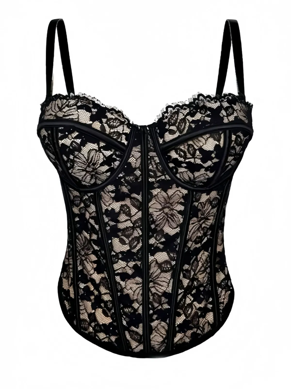 New Retro Stage 1970s Lace Floral Herringbone Corset Black