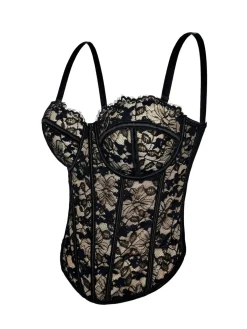 New Retro Stage 1970s Lace Floral Herringbone Corset Black