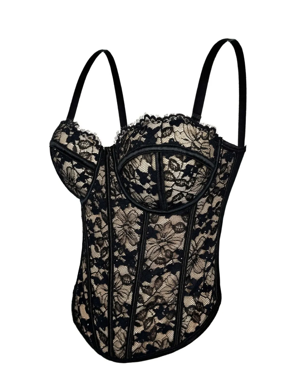 New Retro Stage 1970s Lace Floral Herringbone Corset Black
