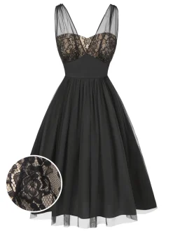 Outlet Retro Stage 1950s Lace Floral Mesh Swing Dress Black