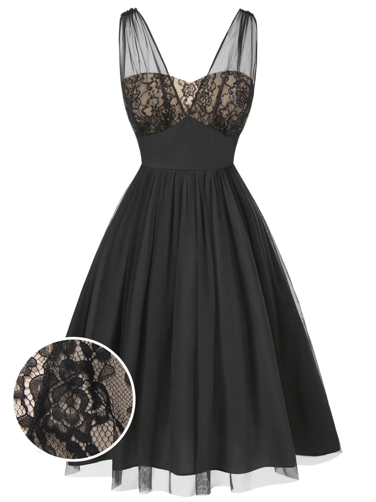 Outlet Retro Stage 1950s Lace Floral Mesh Swing Dress Black