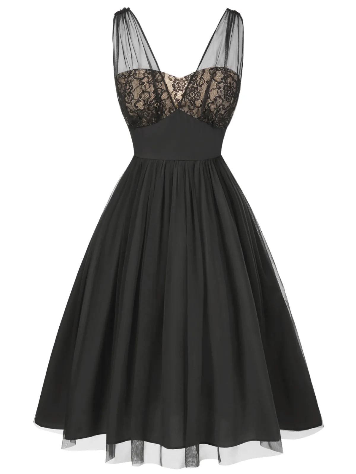 Outlet Retro Stage 1950s Lace Floral Mesh Swing Dress Black