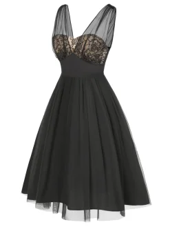 Outlet Retro Stage 1950s Lace Floral Mesh Swing Dress Black