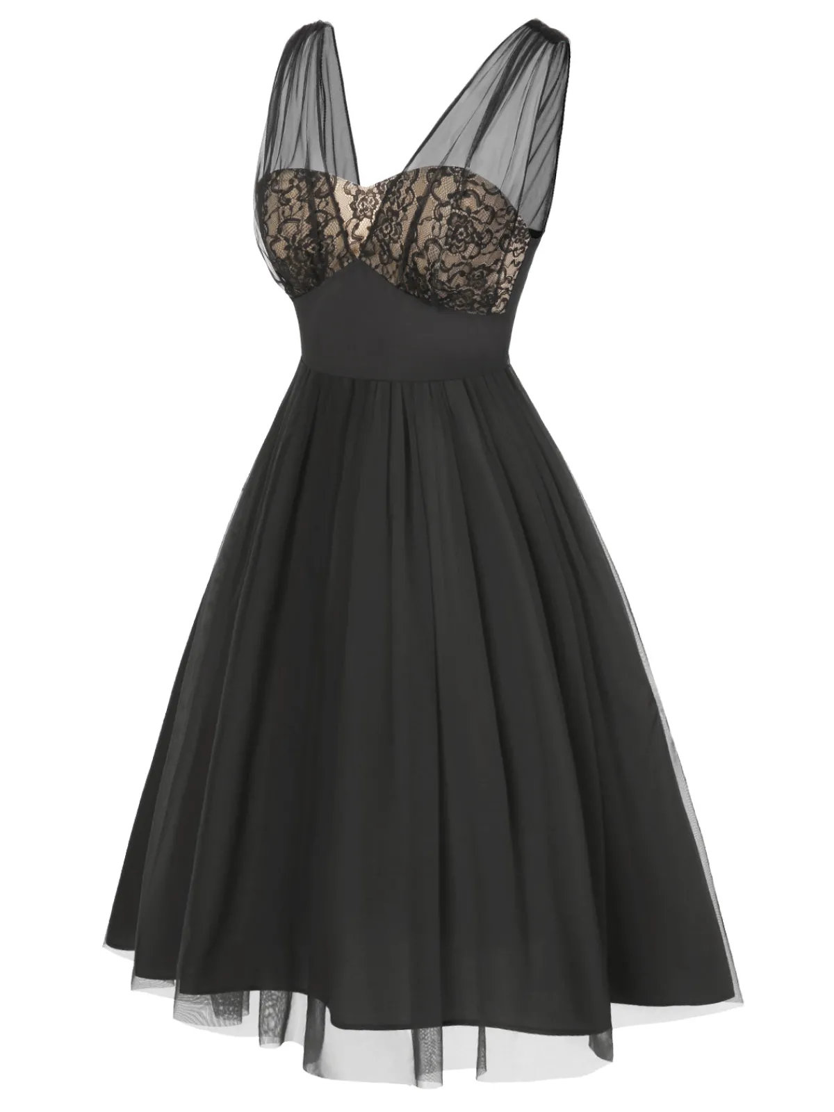 Outlet Retro Stage 1950s Lace Floral Mesh Swing Dress Black