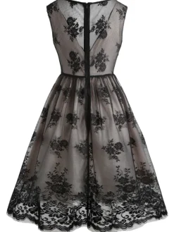 Online Retro Stage 1950s Lace Floral Swing Dress Black