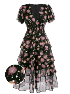 Hot Retro Stage 1950s Lace Flowers Swing Dress Black