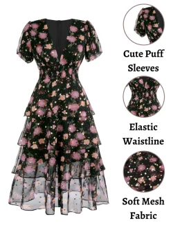 Hot Retro Stage 1950s Lace Flowers Swing Dress Black
