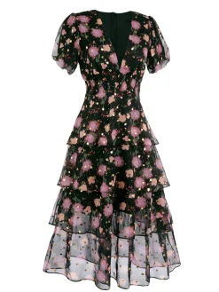 Hot Retro Stage 1950s Lace Flowers Swing Dress Black
