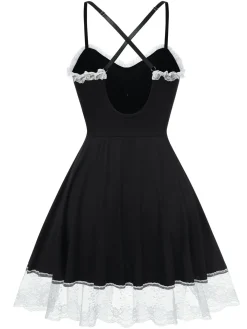 New Retro Stage 1950s Lace Hem Suspender Nightgown Black