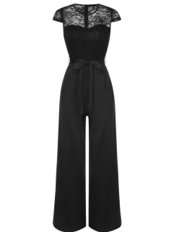 New Retro Stage 1960s Lace Patchwork Cap Sleeves Tie Jumpsuit Black