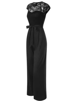 New Retro Stage 1960s Lace Patchwork Cap Sleeves Tie Jumpsuit Black