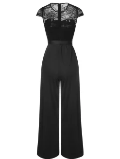 New Retro Stage 1960s Lace Patchwork Cap Sleeves Tie Jumpsuit Black