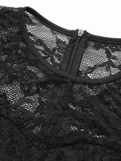 New Retro Stage 1960s Lace Patchwork Cap Sleeves Tie Jumpsuit Black