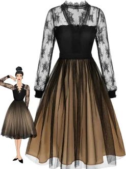 New Retro Stage 1950s Lace Patchwork Mesh Dress Black