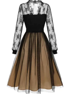 New Retro Stage 1950s Lace Patchwork Mesh Dress Black