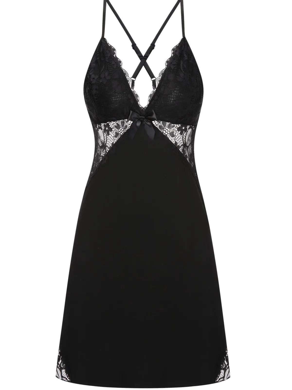 Fashion Retro Stage 1970s Lace Patchwork Spaghetti Straps Nightgown Black